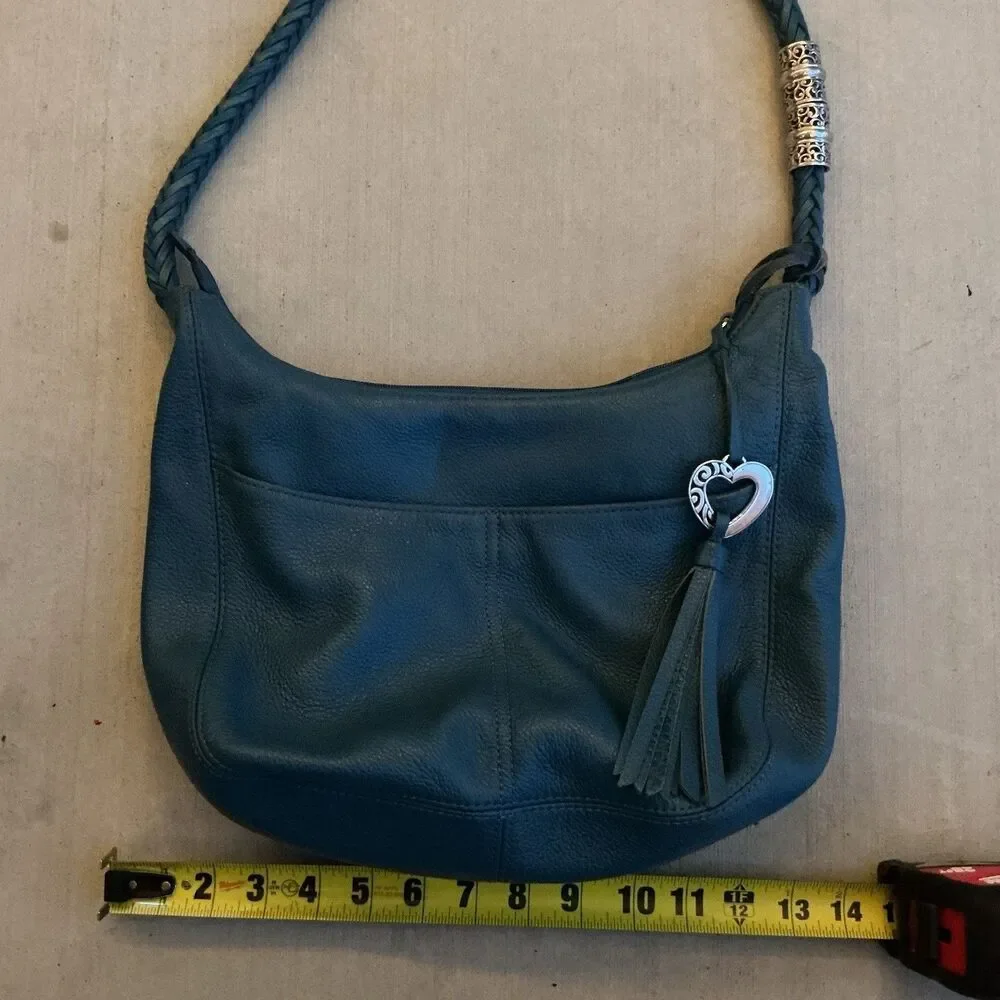Brighton Blue Leather Hobo Shoulder Bag Braided Strap Heart Tassel Purse